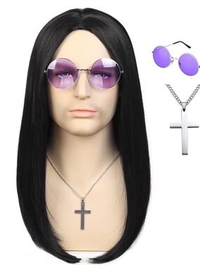80s Heavy Metal Rocker Wig and Accessories Cross Glasses Halloween Cosplay